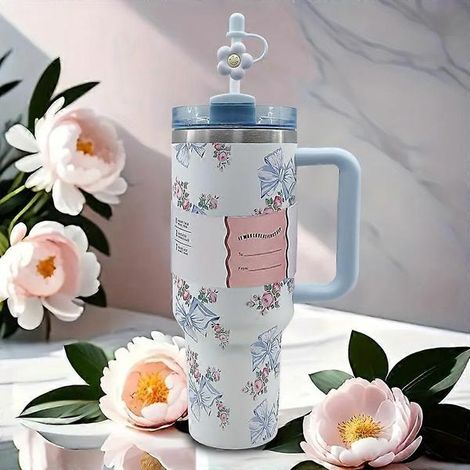 Mug de voiture Blue Butterfly - 1,18 L (40 oz), Collection Florale, Poignée double couche, Mug isotherme pour voiture, Paille en acier inoxydable 304 (1/4)
