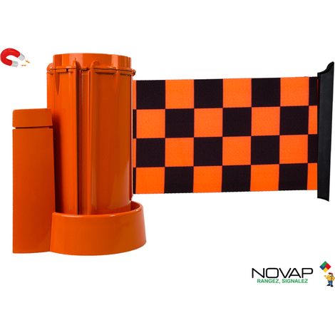 Enrouleur mural magnétique Orange avec sangle damier Orange/Noir 3m x 100mm - 2053778 (1/4)