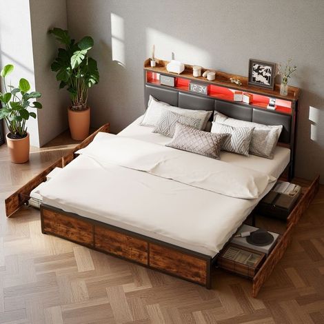 Doppelbett 160x200 - Retro-Industriestil - 4 Schubladen - Verbundenes LED-Licht - Integrierter Stauraum