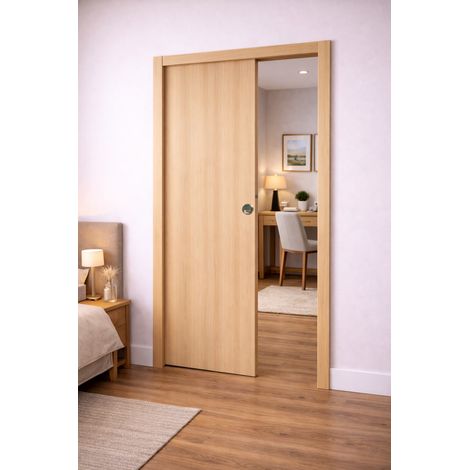Porte Coulissante Décor Chêne Naturel Honey Oak H204 X L93 Cm, Galandage, Kit Finition (coquille Et Tire Doigt) Gd Menuiseries