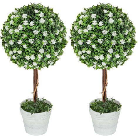 Set of 2 Decorative Artificial Plants, Ball Topiary Tree  Rose Flower in Pot, Fake Plants for Home Indoor Outdoor Decor, 60cm, White (1/5)