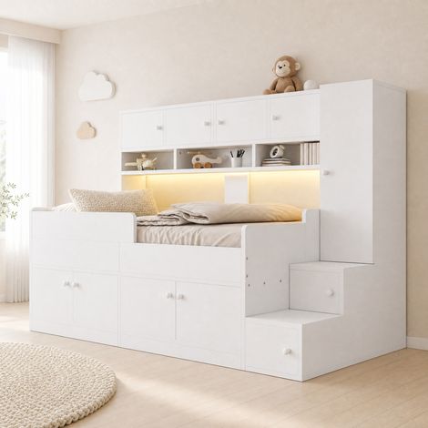 DESMIU Lit mezzanine enfant 90 × 200 cm 1 place avec rangement, LED, sans matelas, en bois, blanc (1/4)