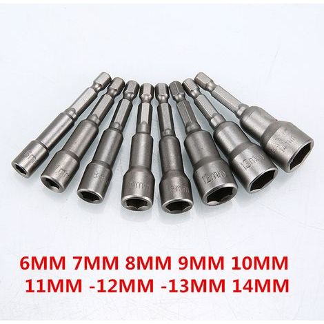Juego de 9 piezas de puntas de destornillador de 6-14 mm - adaptador hexagonal, para tuercas de taladro manual, destornilladores eléctricos, llaves de vaso (longitud 65 mm) (1/4)