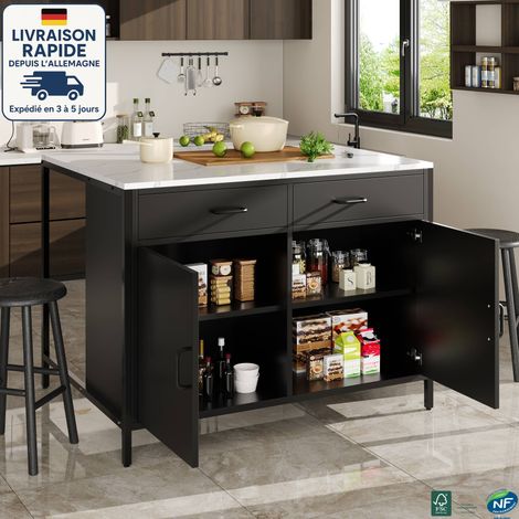 MODFU - Credenza da cucina nera con tavolo da bar, 2 ante e 2 cassetti, mobile da cucina e soggiorno, impiallacciatura in marmo, MDF, 100x90x90 cm (1/5)