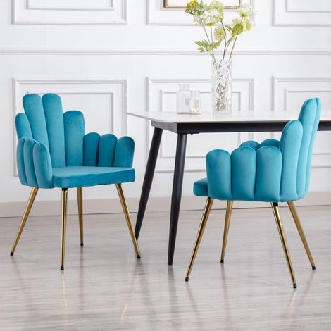 Esszimmerstühle 2er Set Samt Polsterstuhl mit Rückenlehne Muschel Sessel Blau (1/5)
