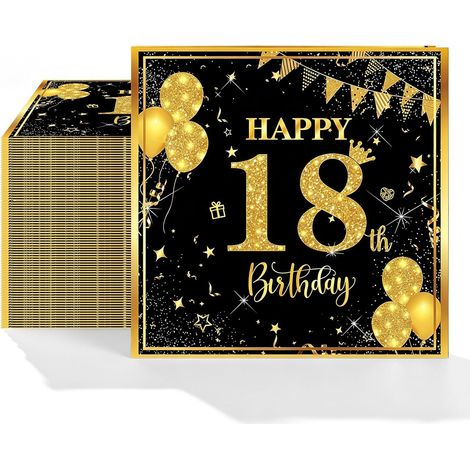 40 Serviettes Noir Or Happy 18th Birthday 33x33 cm, deco anniversaire 18ans, decoration anniversaire 18 ans garçon, anniversaire 18 ans garcon, Serviette Papier Table Fête Élégante Homme Femme (1/5)