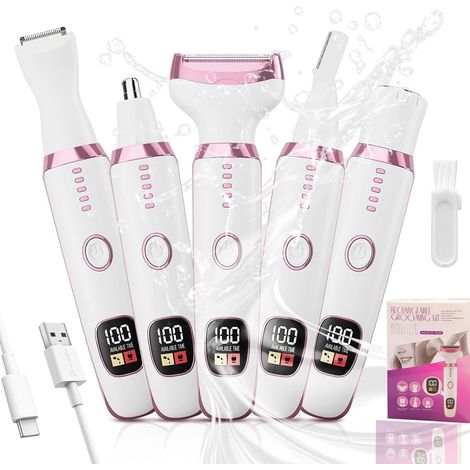 5-in-1 Akku-Elektrorasierer für Damen, Bikini-/Intim-/Achsel-/Nasen-/Gesichts-/Augenbrauenrasierer, wiederaufladbarer, schmerzfreier Rasierer für Damen