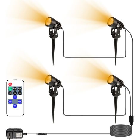 Lot de 4 projecteurs LED d'extérieur avec télécommande, étanches IP65, pour éclairage paysager de jardin, pelouse et cour, lumière blanche chaude, lampe de sécurité sur pied. (1/2)