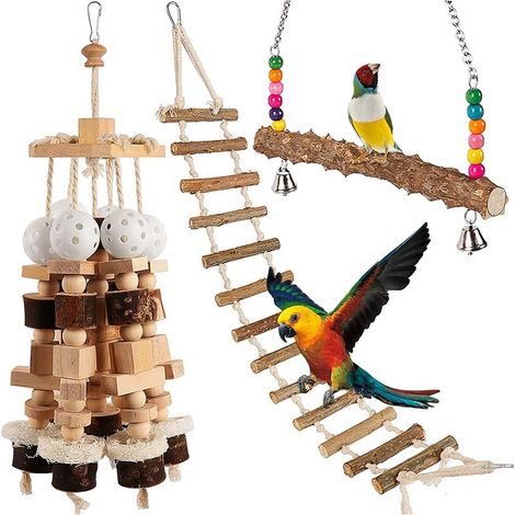 Ensemble de 3 jouets à mâcher en bois pour perroquet, comprenant un support, une échelle et une balançoire, idéal pour les cages de cacatoès. (1/5)