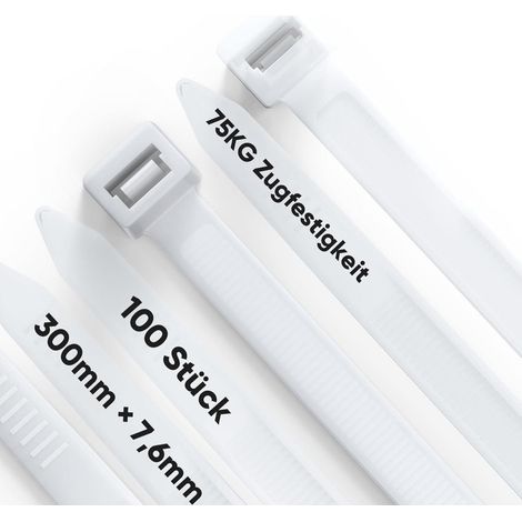 Colliers de serrage blancs 300mm x 7,6mm, lot de 100, résistance 75kg, UV, auto-bloquants (1/5)