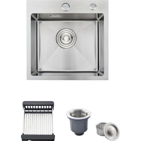 38 x 38 cm Evier Cuisine Inox 1 Bac avec Panier Télescopique, Brossé (1/5)