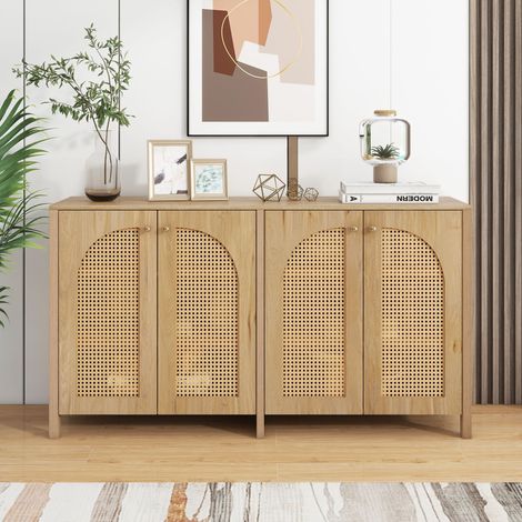 Buffet 145 cm, con 4 porte in polirattan, 4 ripiani regolabili, mobile in legno, maniglie in metallo, per soggiorno, sala da pranzo - Marrone