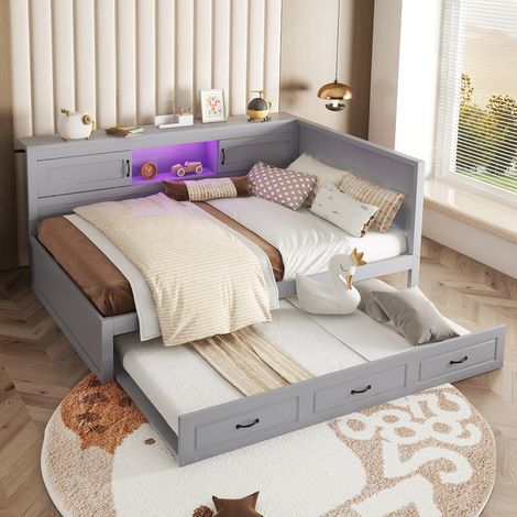 Bett Tagesbett ausziehbar Stauraum 140x200 Grau OKMYHOME
