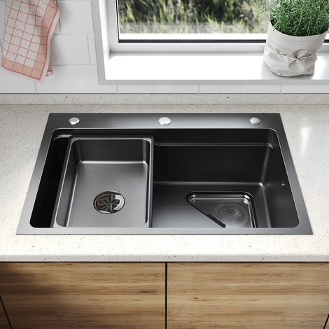 SONNI 304 SUS Edelstahl Küchenspüle mit 1 Becken, Einbecken Unterbauspüle mit Abtropfkorb Dreieckiges Abfallsieb 3 Loch Breitkante, Schwarz, 70×48cm