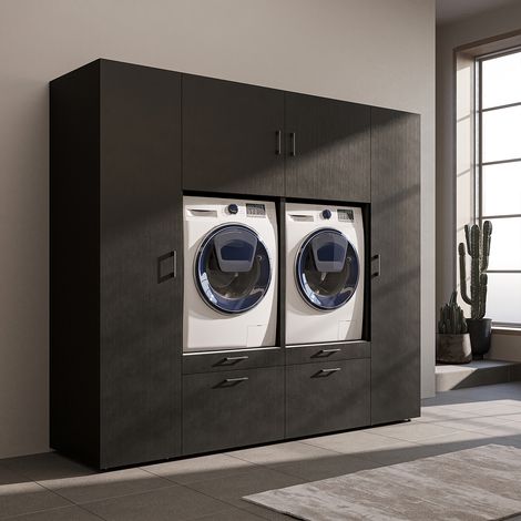 Roomart Waschmaschinen-Doppelschrank 224 cm, Schwarz-Eiche
