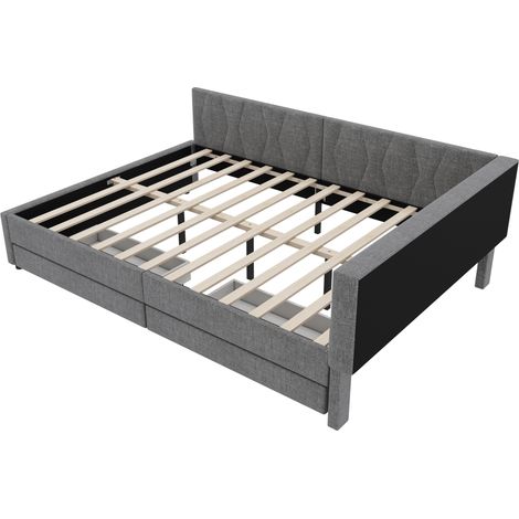 Letto a banquette 140 x 200 cm in lino grigio con LED, USB-C, 2 cassetti e rete (1/5)
