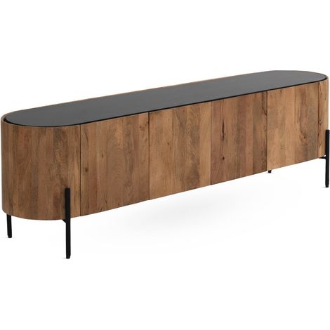 Mueble tv con forma eliptica 4 puertas madera maciza de mango con encimera negra, patas metálicas negras (1/4)