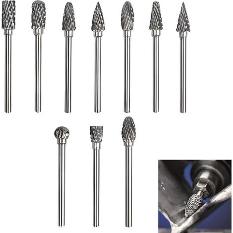 Tungsten Carbide Rotary Burr Set - 10 Pieces with Tenon Bit 1/8" Shank for Wood Carving, Engraving, Polishing and Metalworking (1/5)