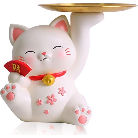 Plateau à Clés en Bois pour Table D'entrée, Décor Moderne en Résine pour Chat Fortune, Plateau Fourre-Tout avec 4 Supports de Rangement Suspendus, pour Bagues(Fortune Cat Right) (1/5)