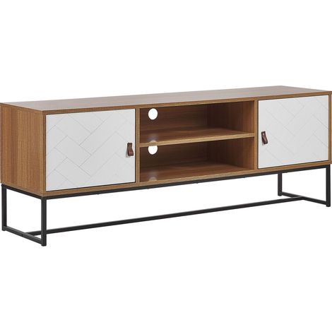 Beliani – Meuble TV moderne effet bois clair – 2 portes blanches – Étagère pratique – MDF durable avec piétement métal noir – Dimensions 150x40x55 cm