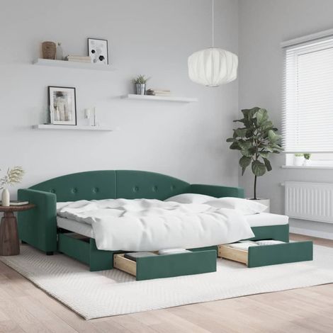 Lit gigogne，Lit Adulte，Lit de jour avec gigogne et tiroirs vert foncé 90x200cm velours CIV511778 (1/5)