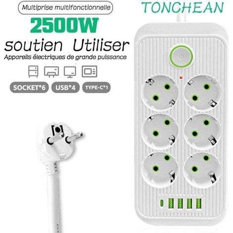 Electric Power Strip, 6 Socket Block 2500W 10A 230V with 4 Charger Ports (4 USB A + 1 USB C) Multi Socket Surge Protector and Overvoltage Protector with Switch 2m Cable-White (1/4)
