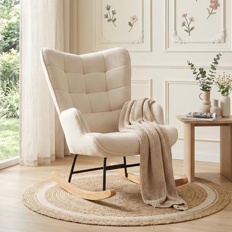 Rocking Chair Velours, Fauteuil à Bascule avec Accoudoirs - Dossier Capitonné et Pieds en Bois Massif - Scandinave, Beige