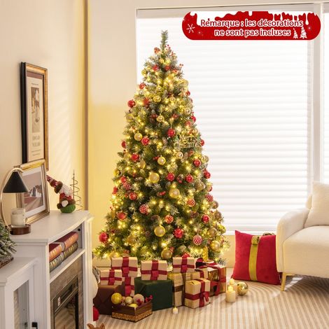 Arbre de Noël Artificiel Pré-Éclairé 195CM Charnière Pré-Décoré 909 Pointes 420 Lumières Led 8 Modes Pommes de Pin Baies Rouges CW87296 (1/3)