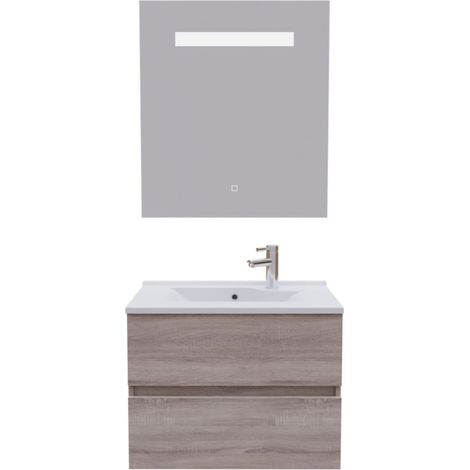 Meuble salle de bain 70 cm ROSALY avec plan vasque et miroir Elégance ht80- Bois- Plan vasque en Résine (1/5)