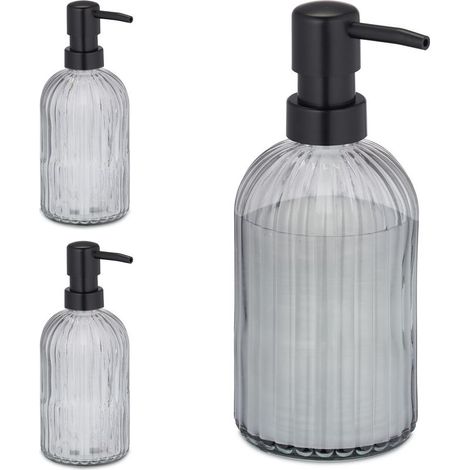 Distributeur de savon, lot de 3, porte-savon liquide, rechargeable, 400 ml, verre et plastique, noir (1/5)