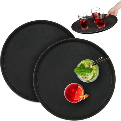 Set mit 2 runden Serviertabletts, 40 cm Durchmesser, rutschfeste Oberfläche, Restaurant, Schwarz