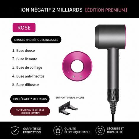 Sèche-cheveux haute vitesse 1600W ionique rose fuchsia avec embout et câble 1,8 m rouge réf 1668 34,5 × 10 × 9 cm 450 g – Livraison gratuite