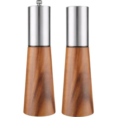 Cet ensemble moulin à sel et à poivre présente un design en bois et un mécanisme de broyage réglable pour les épices fraîches. (1/5)