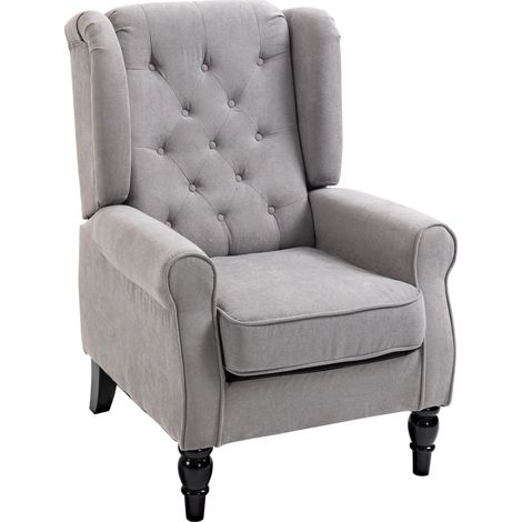 Fauteuil HOMCOM, fauteuil à oreilles avec coussins, capitonné, fauteuil à dossier haut avec pieds en bois, fauteuil relaxant pour salon, chambre, gris (1/5)