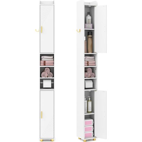 GOPLUS Meuble Colonne Rangement pour Salle de Bain avec Porte-Rouleau Papier Toilette, Armoire Etroit Haut Gain de Place avec 2 Portes,Crochet, Étagère Réglable 3 Niveaux (Blanc) (1/5)