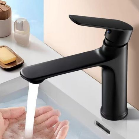 Tall bathroom vanity with brushed gray sink faucet, Nordic minimalist light luxury style, under-counter basin hot and cold water faucet -- Black low-profile model