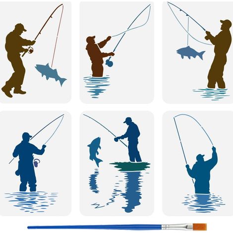 6 Pochoir de Peinture Avec Pinceau 21X29.7cm Tige Poisson Eau Dessin Modèle Thème de Pêche DIY Art Décoration Pochoir pour Peinture sur Bois Mur Tissu Meubles (1/5)