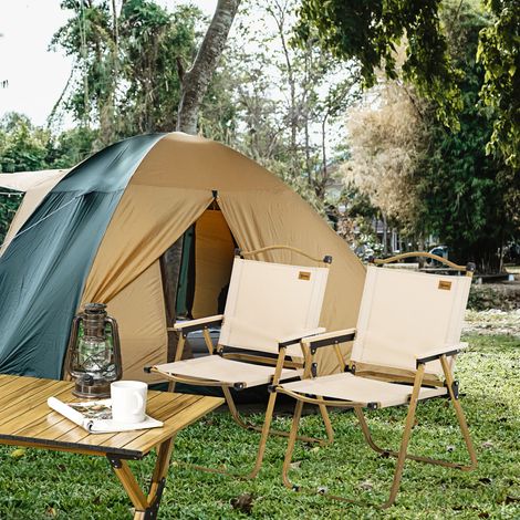 Outsunny Campingstühle, 2 x Strandstuhl, faltbar, Stahl, Holzoptik, Khaki