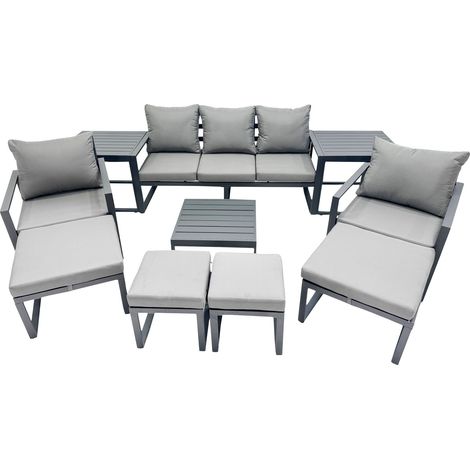 Fimous Outdoor Garden Furniture Set Aluminium Lounge Sofa Square Coffee Table Sets with 4 Stools 2 Side Tables Dark Grey (1/4)
