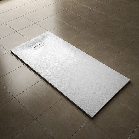 ELEGANT 1700x800mm Slip-Resistance Shower Tray White Slate Effect Square Shower Enclosure Base with Waste Trap and Drain Cover