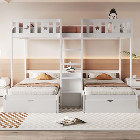 Cama litera triple de madera blanca 140x200 + 2x90x200 cm, con escalera, cajones y almacenaje