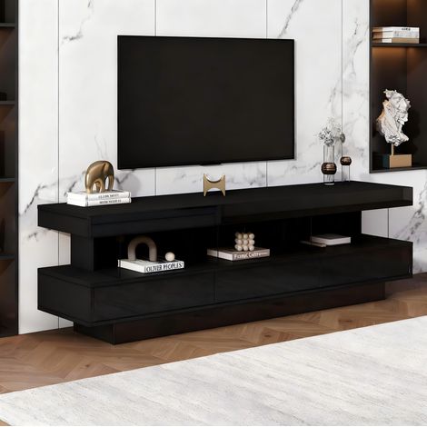 DESMIU Meuble TV avec 3 niches LED Bluetooth pour salon en panneau de particules noir pour TV jusqu'à 70 pouces (1/5)