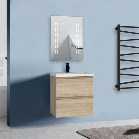 Badmöbel Set 50 cm Unterschrank Selbstmontierter mit Weiß Mineralguss waschtisch Unterschrank mit Eiche Matt (1/5)