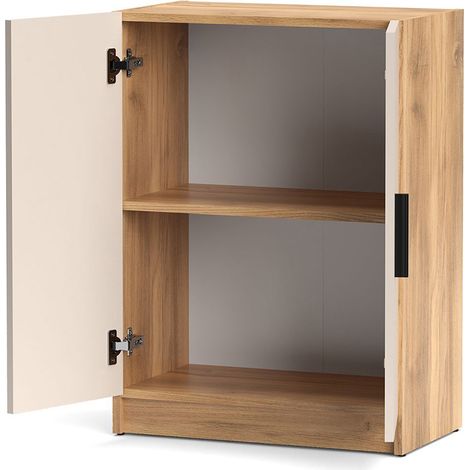 Meuble bas à 2 portes Armoire auxiliaire avec poignées noires coloris Beige/chêne Mauvella - Longueur 60 x Hauteur 80 x Profondeur 34,4 cm (1/3)