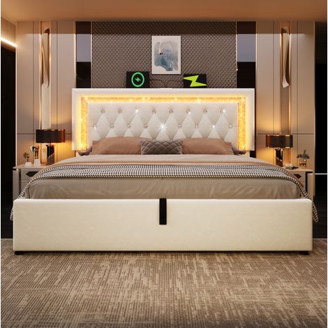 Bett 180x200 cm modern in Beige Samt mit LED-Kopfteil, USB & USB-C, hydraulischem Stauraum und Lattenrost (1/5)