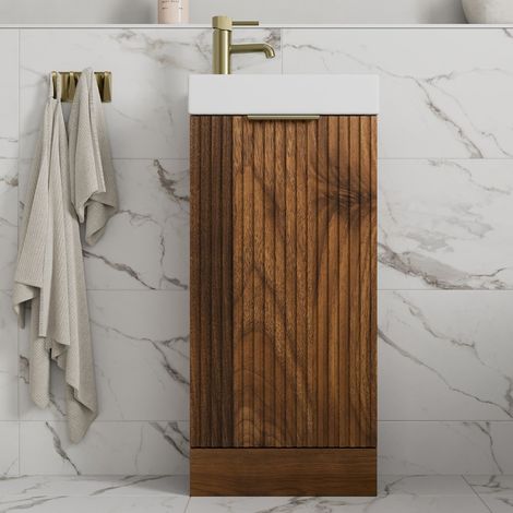 Fluted 400mm Bathroom Vanity Unit Basin Floorstanding Cupboard Soft Close Walnut (1/5)