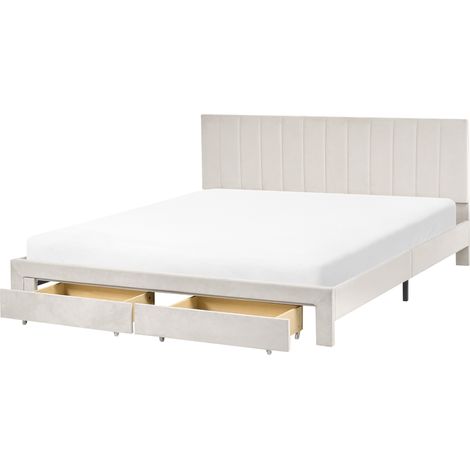 Cama moderna con cajones cabecero tapizado en terciopelo y somier de láminas blanco crema 180 x 200 cm Lonzac