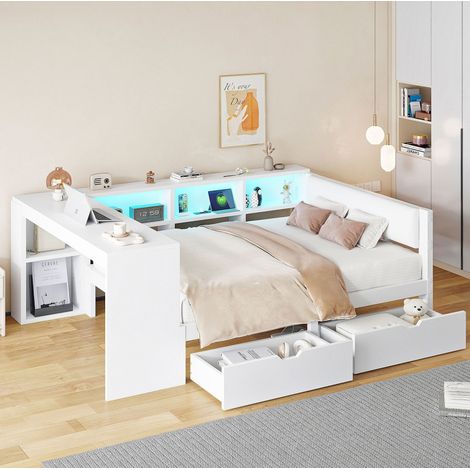 Lit avec tiroirs 140×200 cm avec ports USB et éclairage LED, revêtement lin, couleur blanche, sans matelas (1/5)