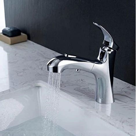Robinet Salle de Bain avec Douchette Extractible Mitigeur de Lavabo avec 2 Jets Bouton Stop Mitigeur Salle de Bain en Laiton Chrome (1/4)