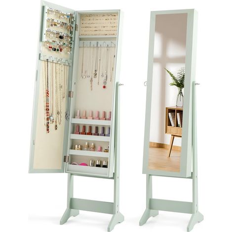 COSTWAY Specchio Portagioie da Terra, Armadietto Portagioie con Specchio a 3 Angoli, Organizer per Gioie Camera da Letto, 35 x 30 x 144 cm (Verde) (1/5)